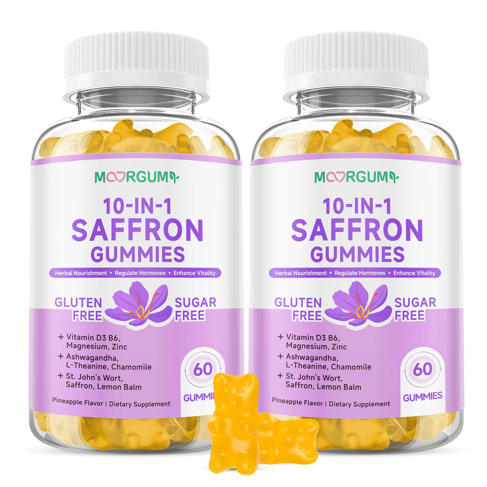 MOORGUMY saffron gummies bottle front showing premium formula for daily balance