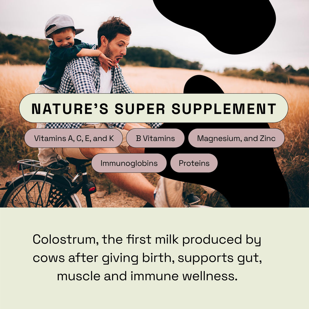 MOOVE colostrum powder scoop beside jar for easy measuring