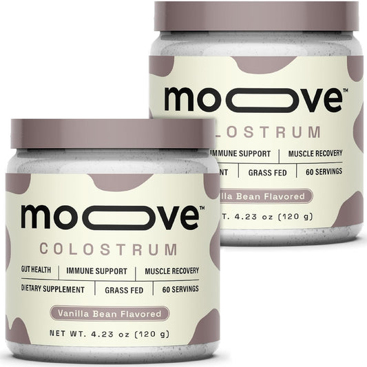 MOOVE vanilla bean colostrum powder in two-pack tub for daily immune support