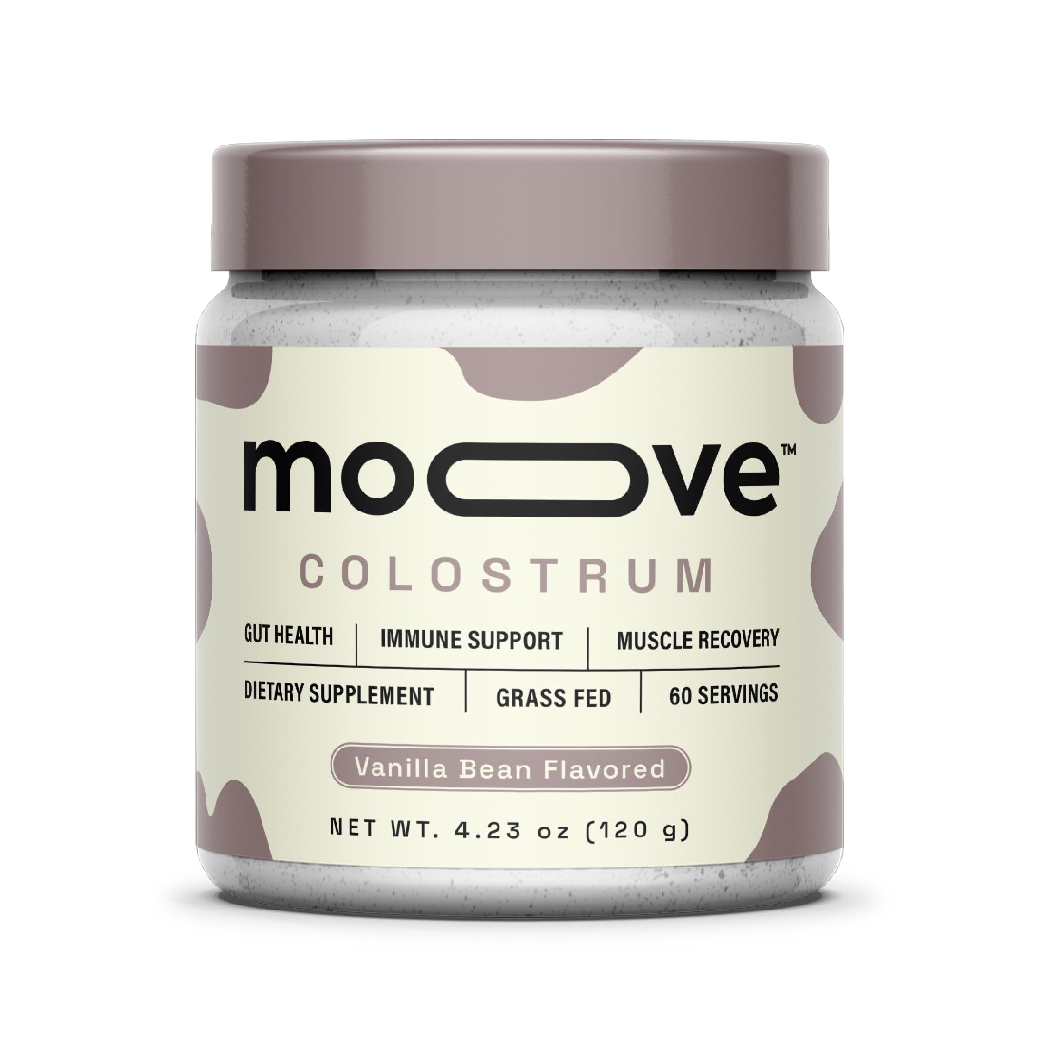 MOOVE Bovine Colostrum Powder Vanilla Bean in a jar for smoothies and daily energy.