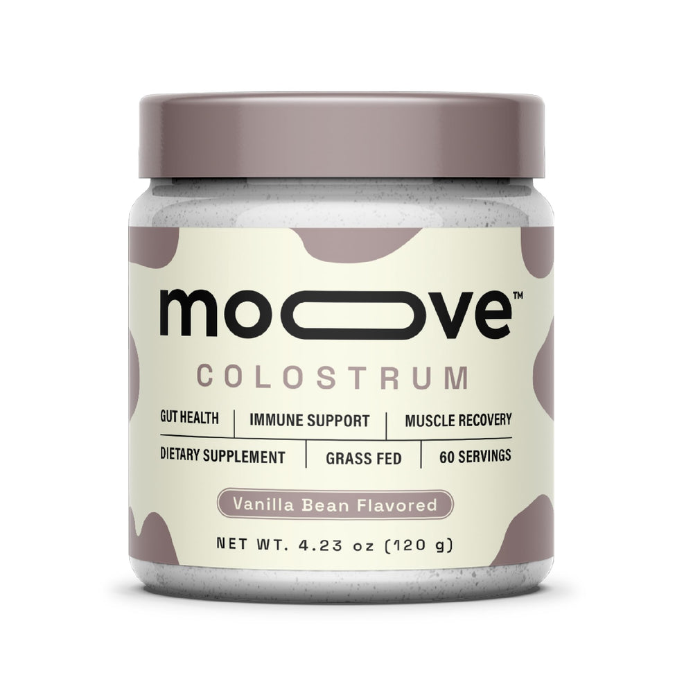 MOOVE Bovine Colostrum Powder Vanilla Bean in a jar for smoothies and daily energy.
