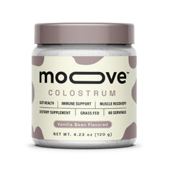 MOOVE Bovine Colostrum Powder Vanilla Bean in a jar for smoothies and daily energy.