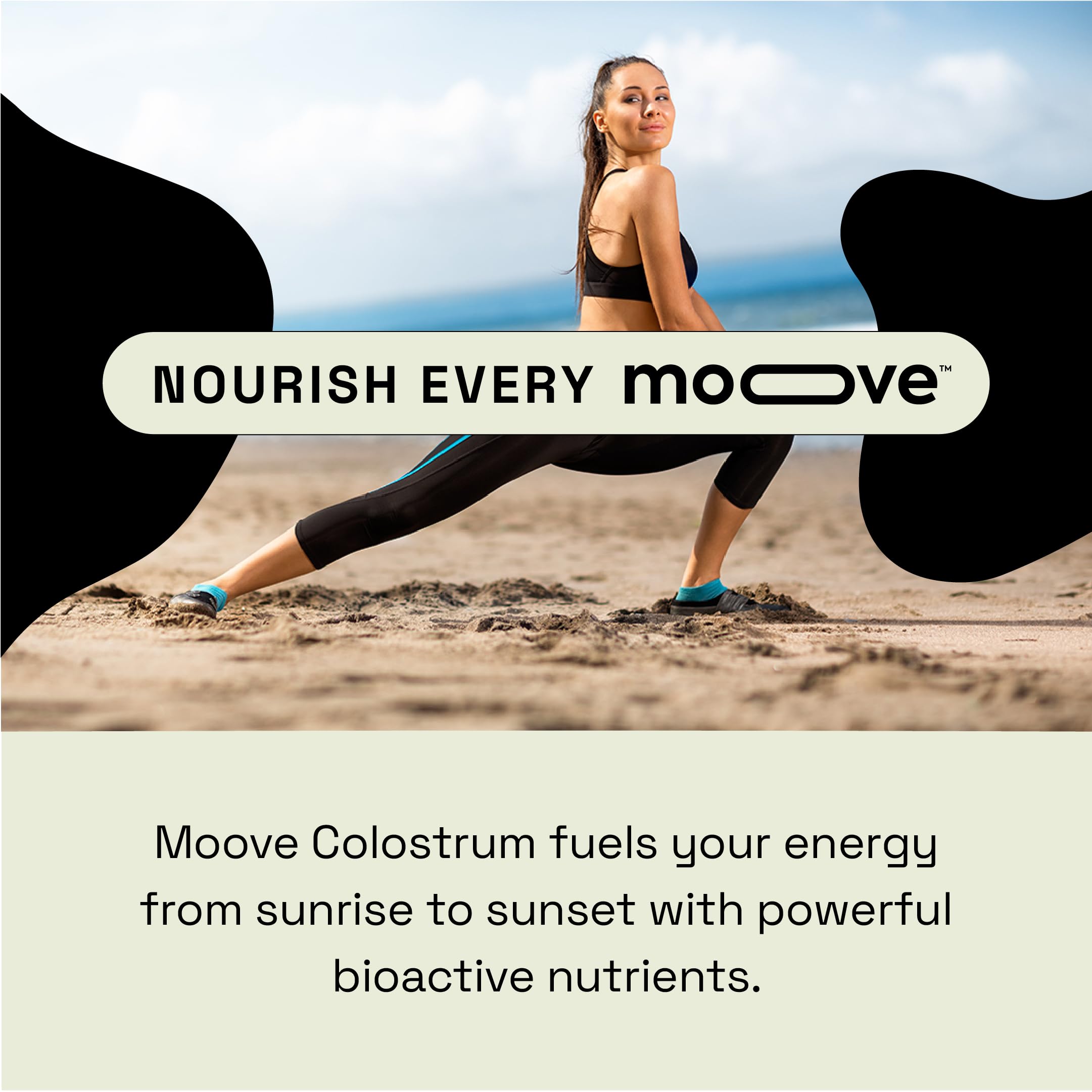 MOOVE colostrum powder poured into glass showing smooth mixability