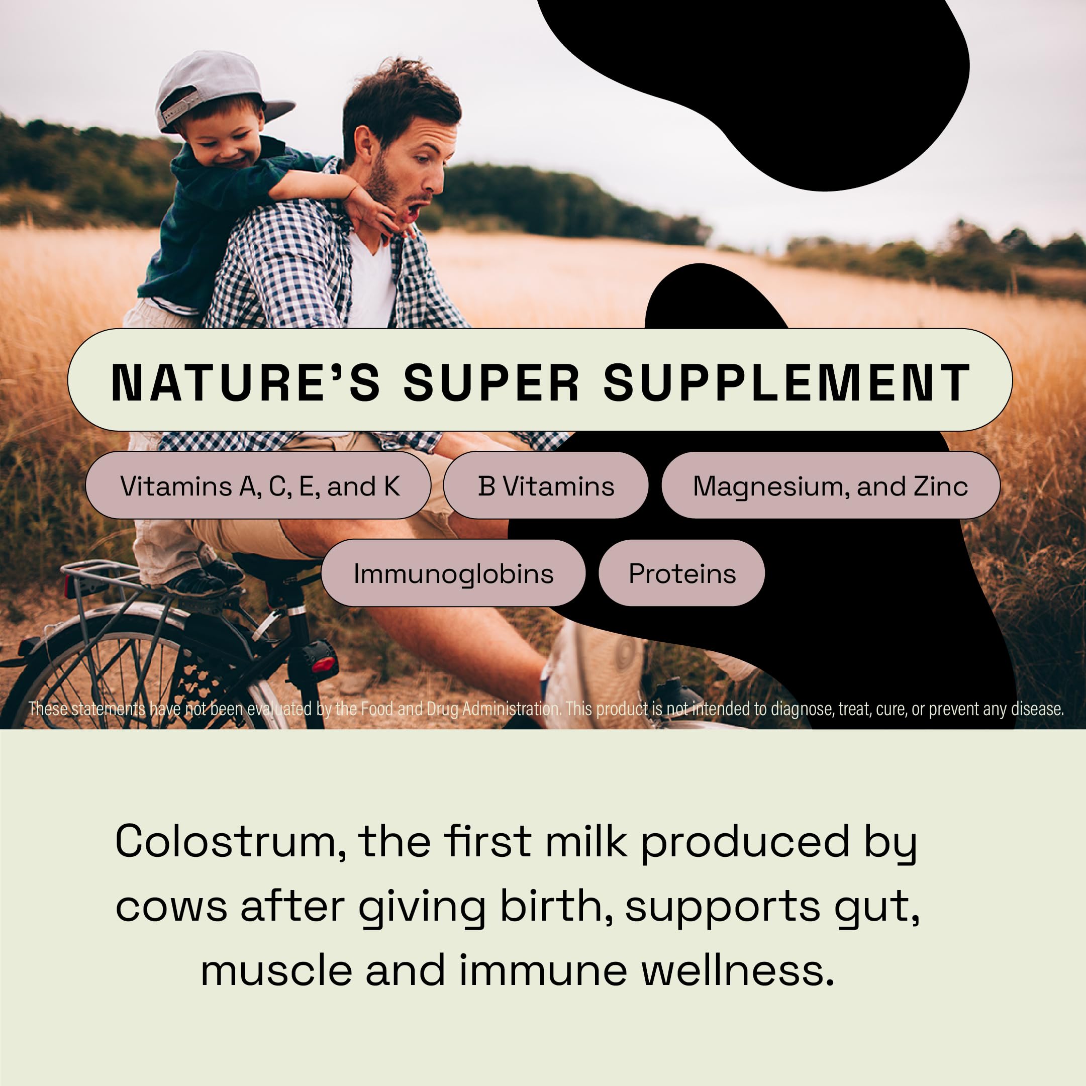 MOOVE Grass-fed Dutch cows colostrum bottle shown alongside simple nutrition for daily use.