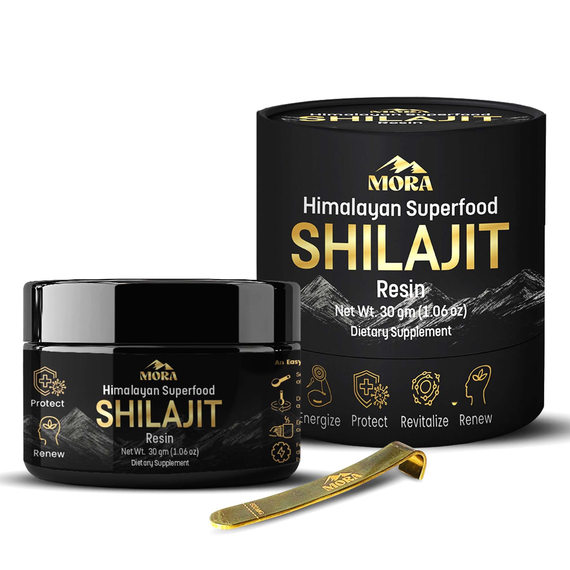 MORA IMPEX Himalayan Shilajit Resin jar signaling mineral-rich daily balance.