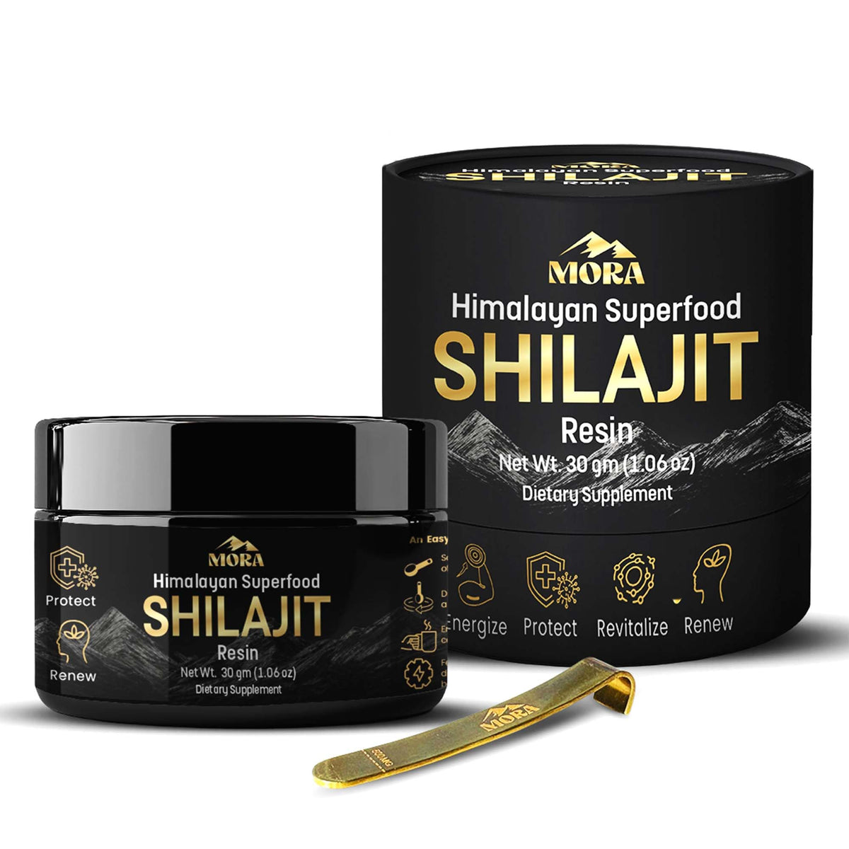 MORA IMPEX Himalayan Shilajit Resin jar signaling mineral-rich daily balance.
