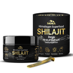 MORA IMPEX Himalayan Shilajit Resin jar signaling mineral-rich daily balance.
