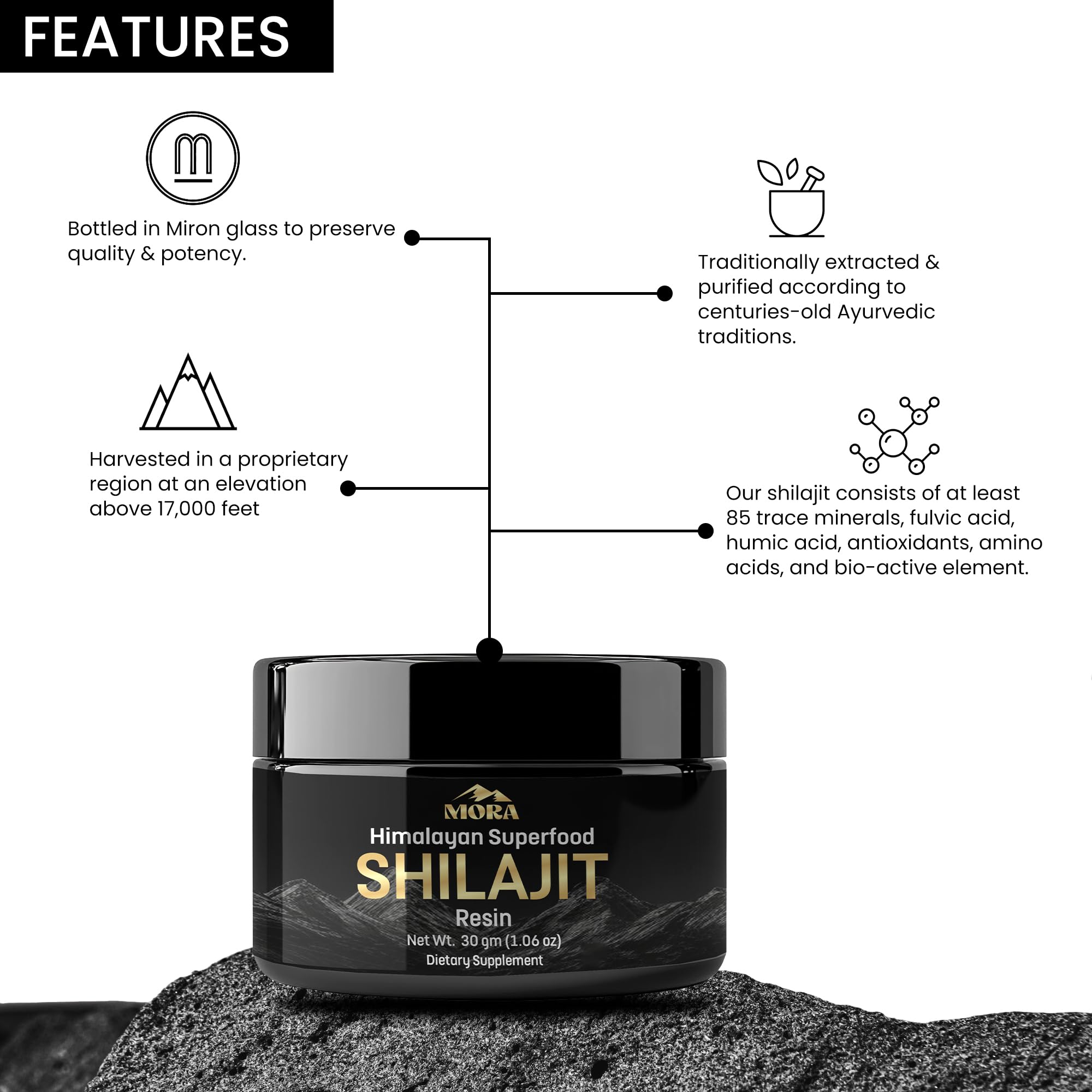 MORA IMPEX Shilajit Resin glass bottle highlights premium packaging.