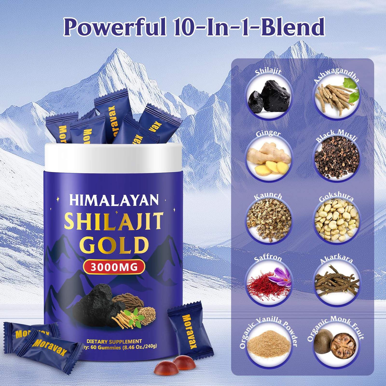 Moravax Ashwagandha Shilajit Gummies ingredients close-up with minerals