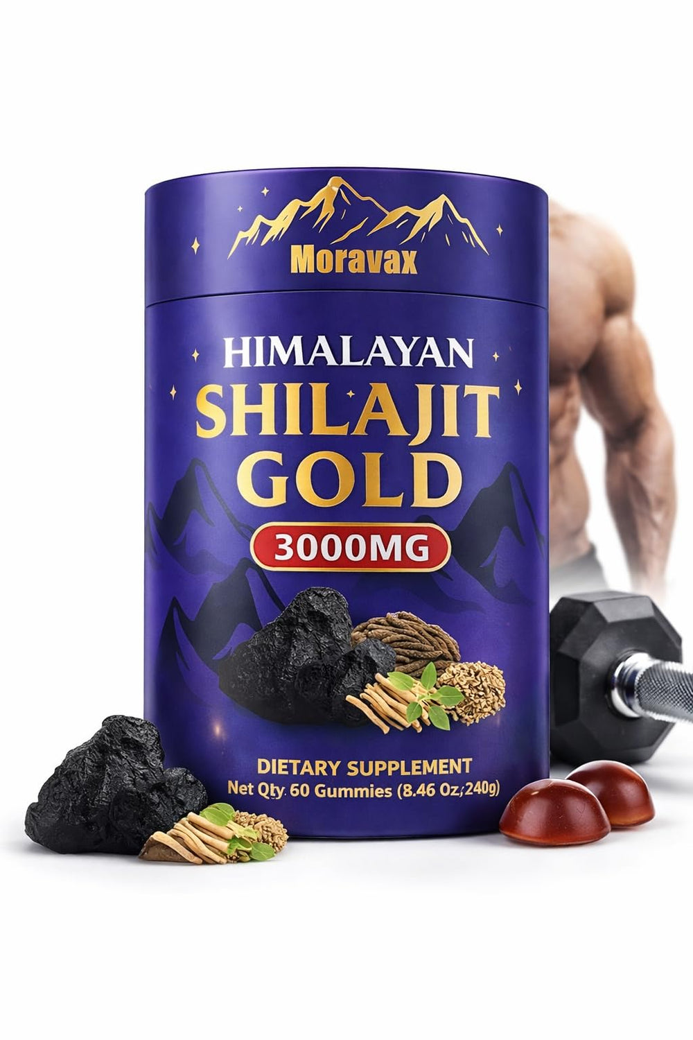 Moravax Himalayan Shilajit Gummies bottle display for daily wellness