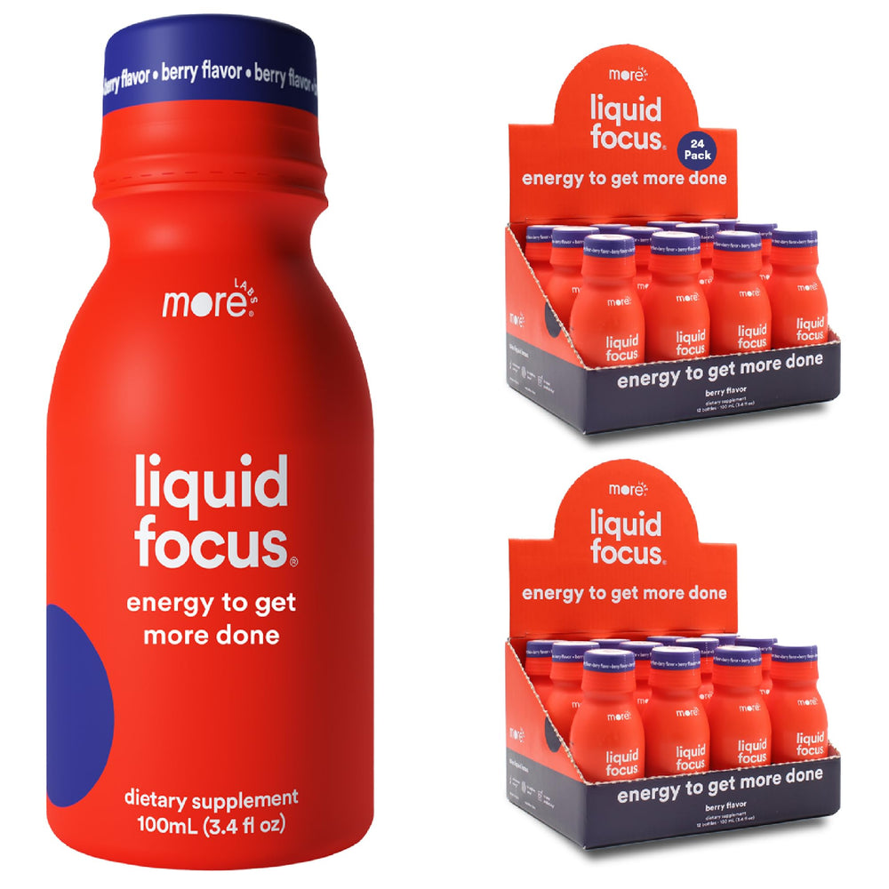 More Labs Liquid Focus bottle front view illustrating portable energy for on-the-go use.