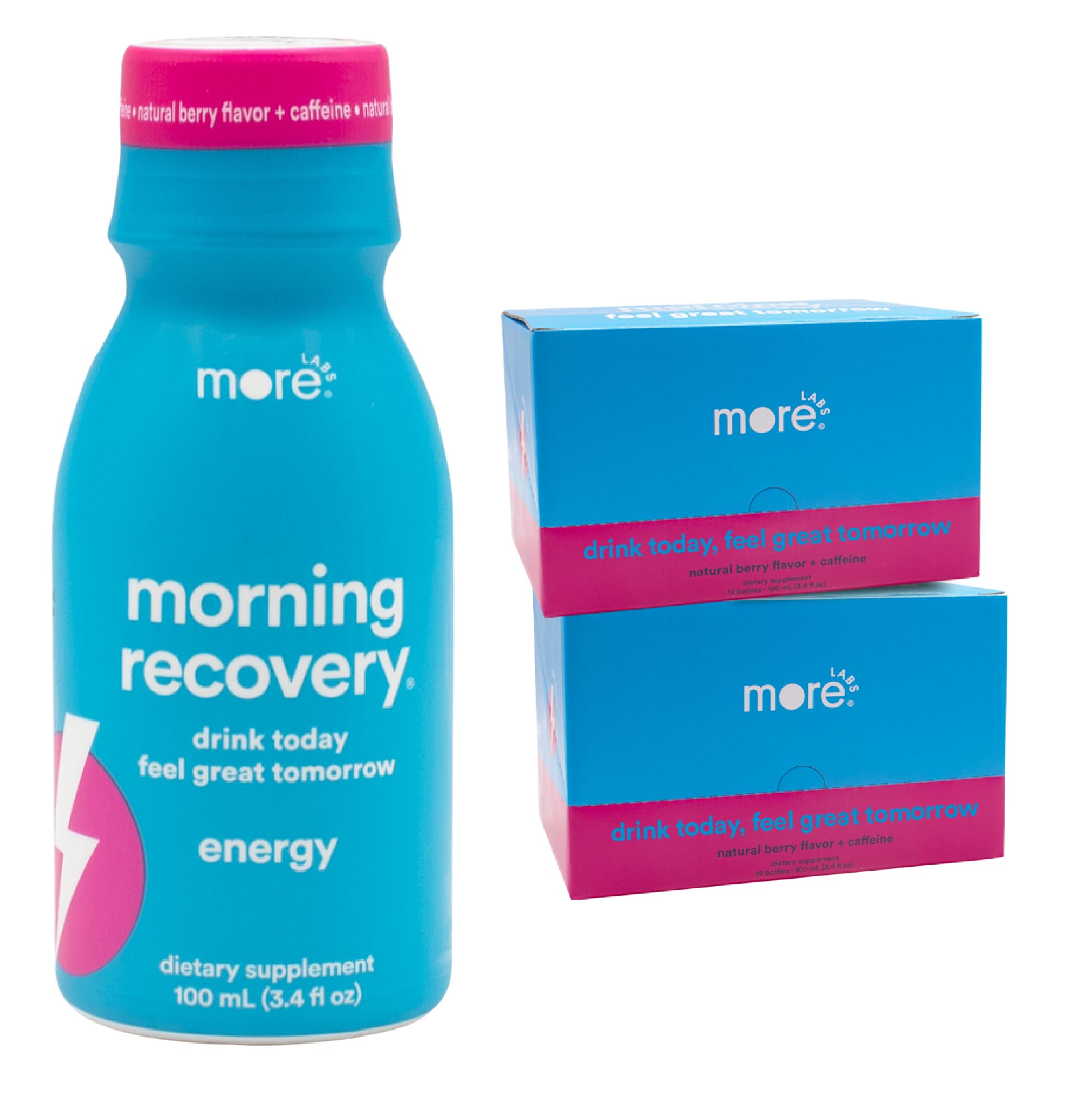 More Labs Morning Recovery bottle with berry label boosts hydration and energy on the go