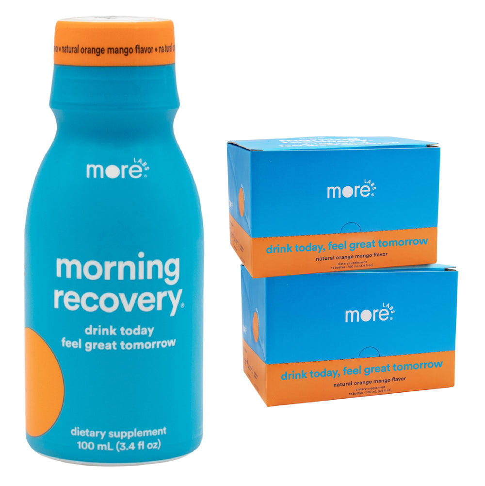 More Labs Morning Recovery bottle front promotes hydration after social drinking.
