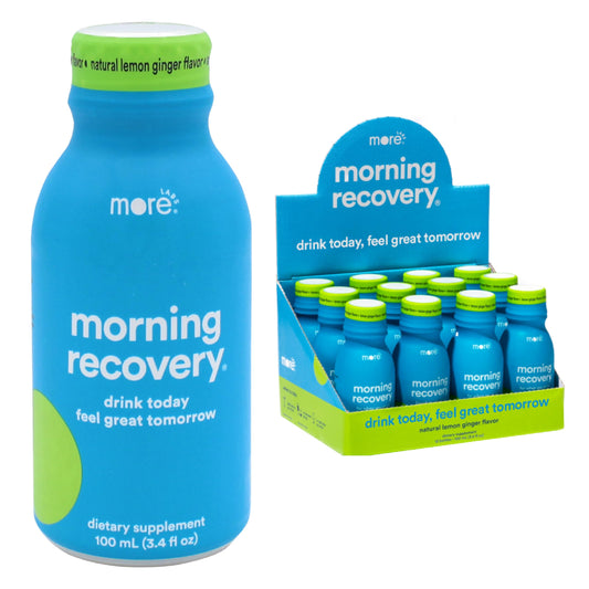 More Labs Morning Recovery bottle front shows hydration support after drinking.