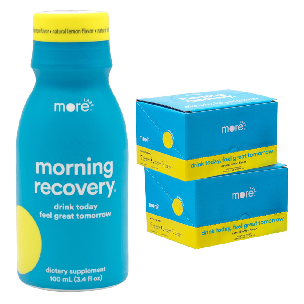 More Labs Morning Recovery DHM Electrolyte bottle with lemon flavor, front view highlighting hydration support