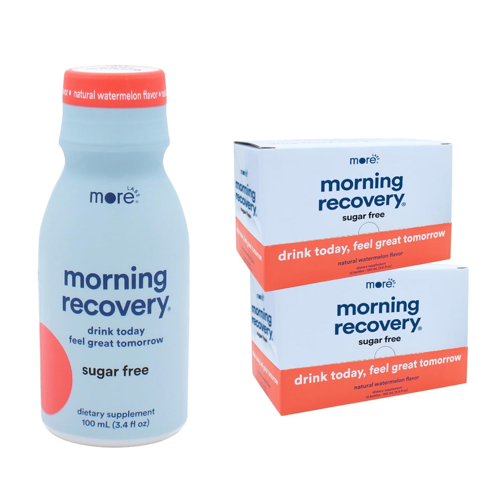 More Labs Morning Recovery bottle shows hydration support during social drinking.
