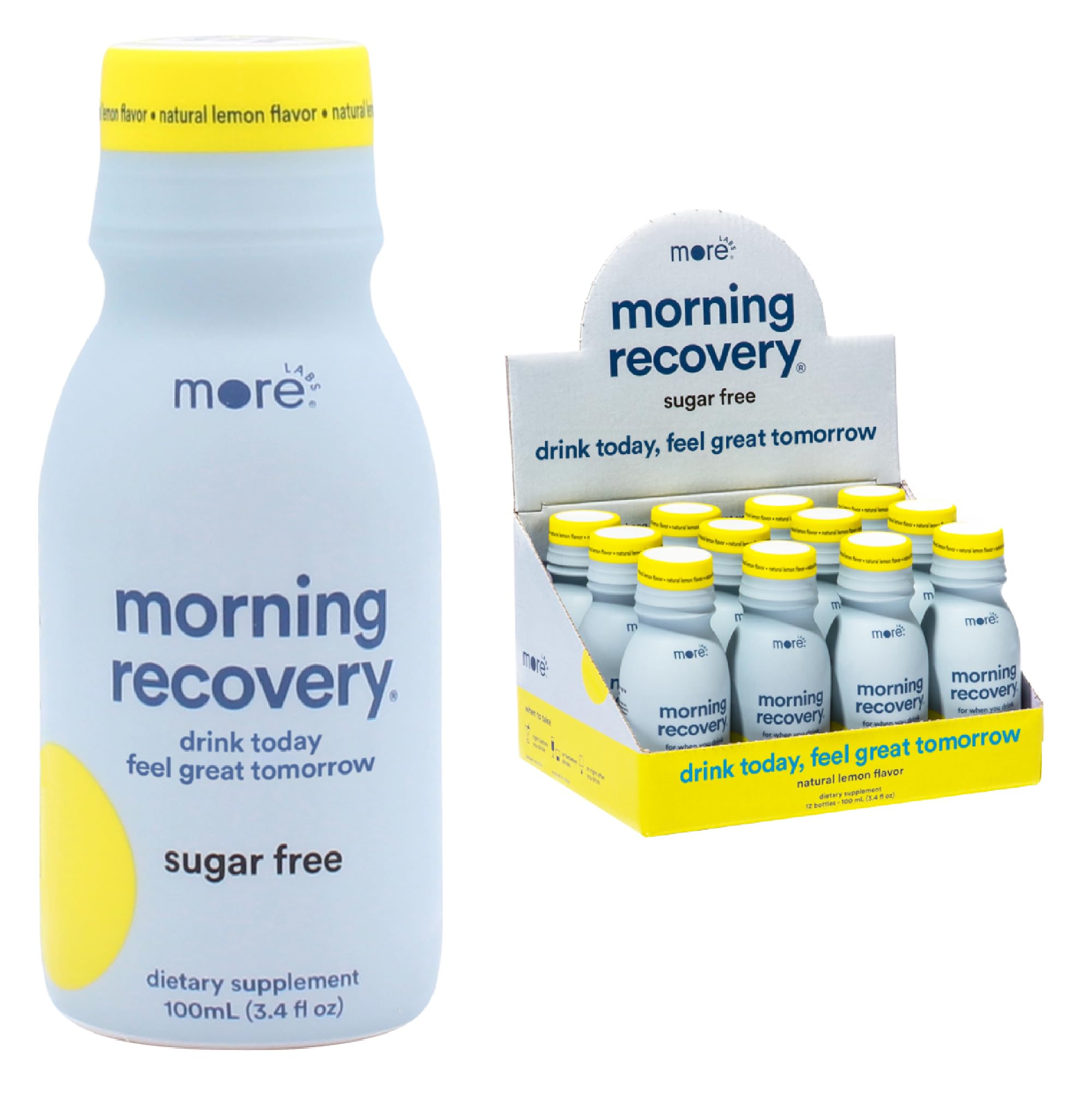 More Labs Morning Recovery lemon bottle for post-drinking hydration and quick refreshment.