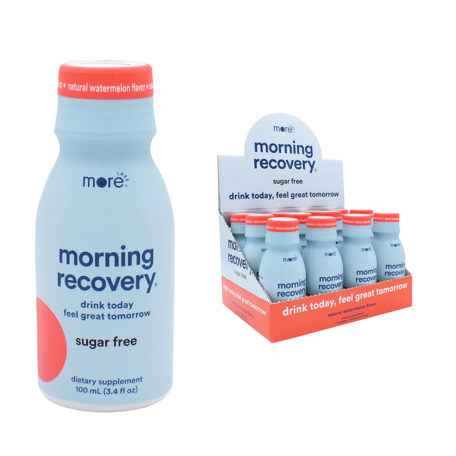 More Labs Morning Recovery DHM electrolyte bottle in watermelon supports post-drink hydration.