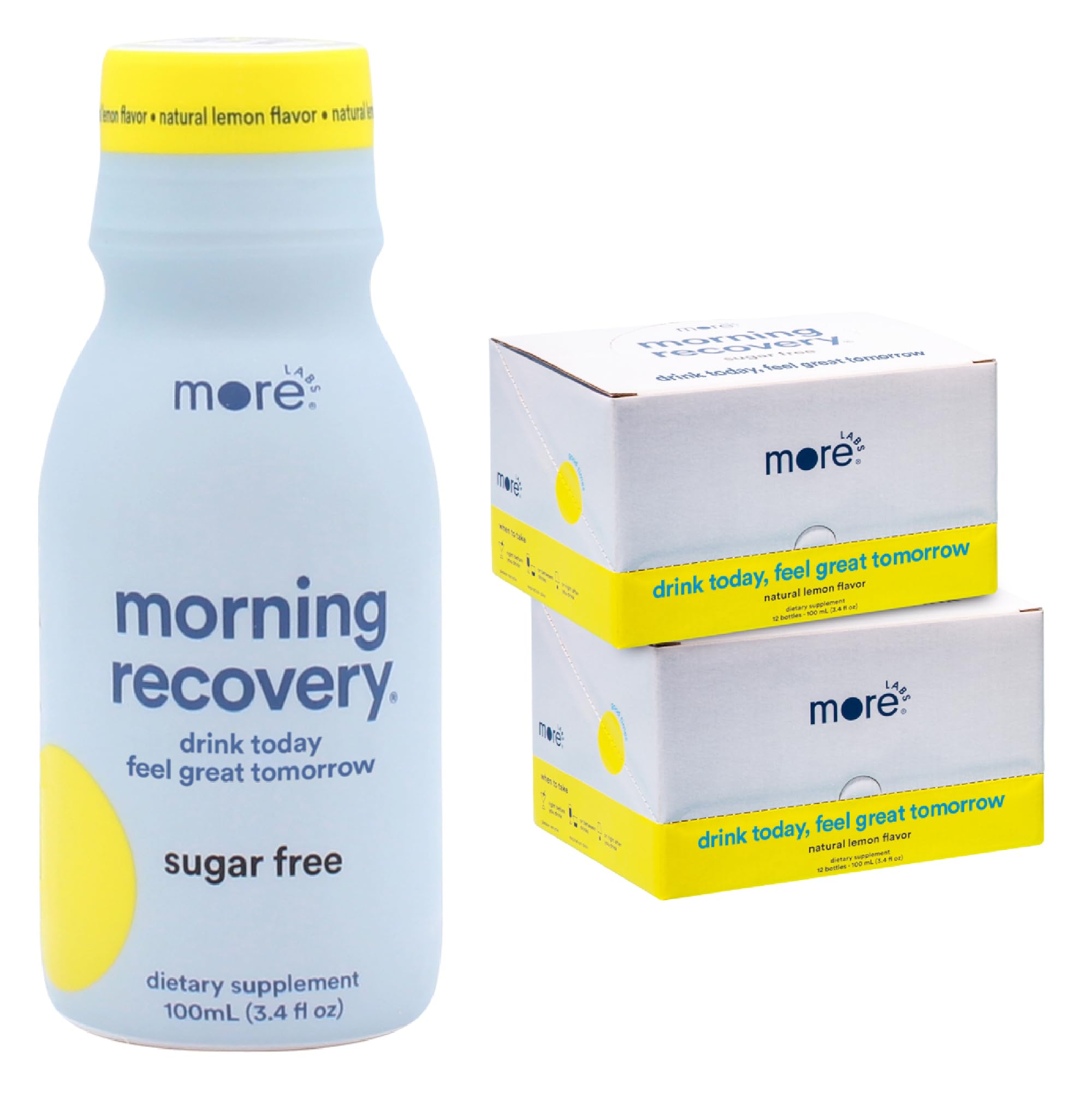 More Labs Morning Recovery lemon bottle for on-the-go hydration after drinking.