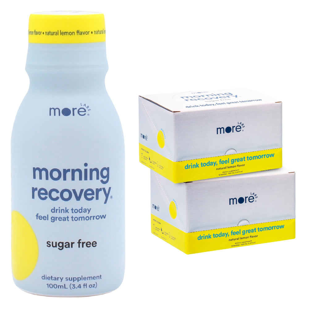 More Labs Morning Recovery lemon bottle for on-the-go hydration after drinking.