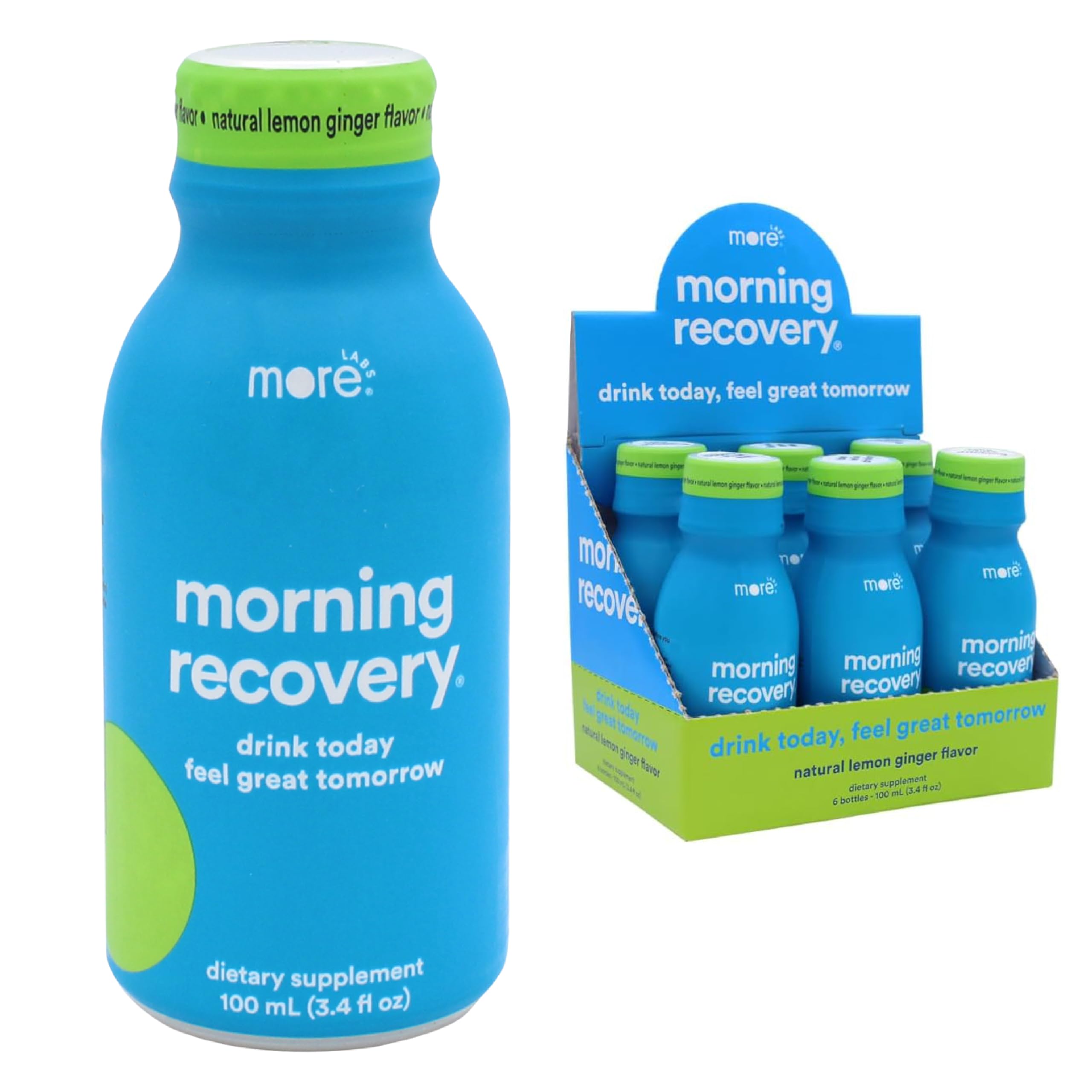 More Labs Morning Recovery lemon ginger bottle shown for post-drink hydration