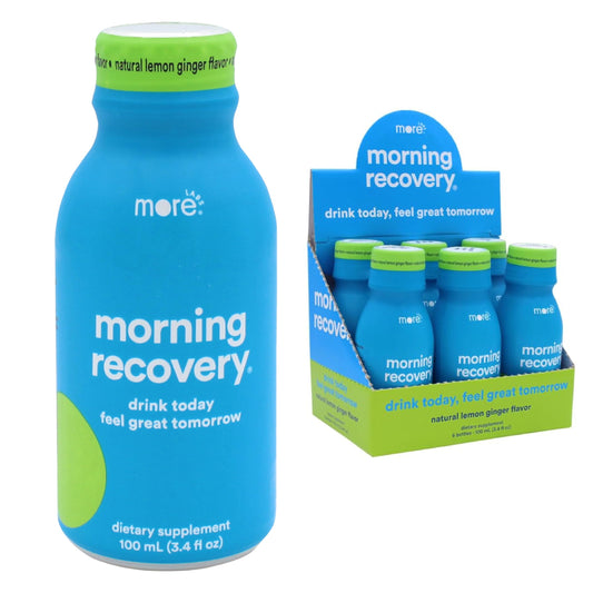 More Labs Morning Recovery lemon ginger bottle shown for post-drink hydration