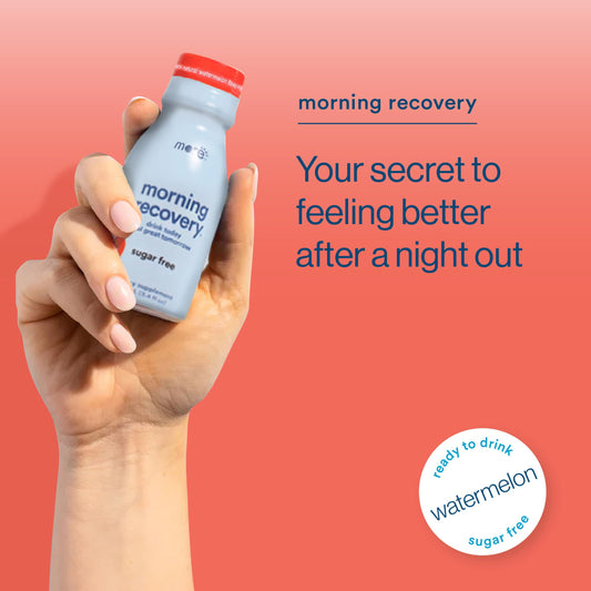 More Labs Morning Recovery Watermelon flavor beside a glass for refreshing hydration.