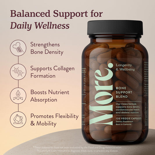 More Longevity & Wellbeing calcium capsules close-up showing easy-to-swallow capsules for daily use.
