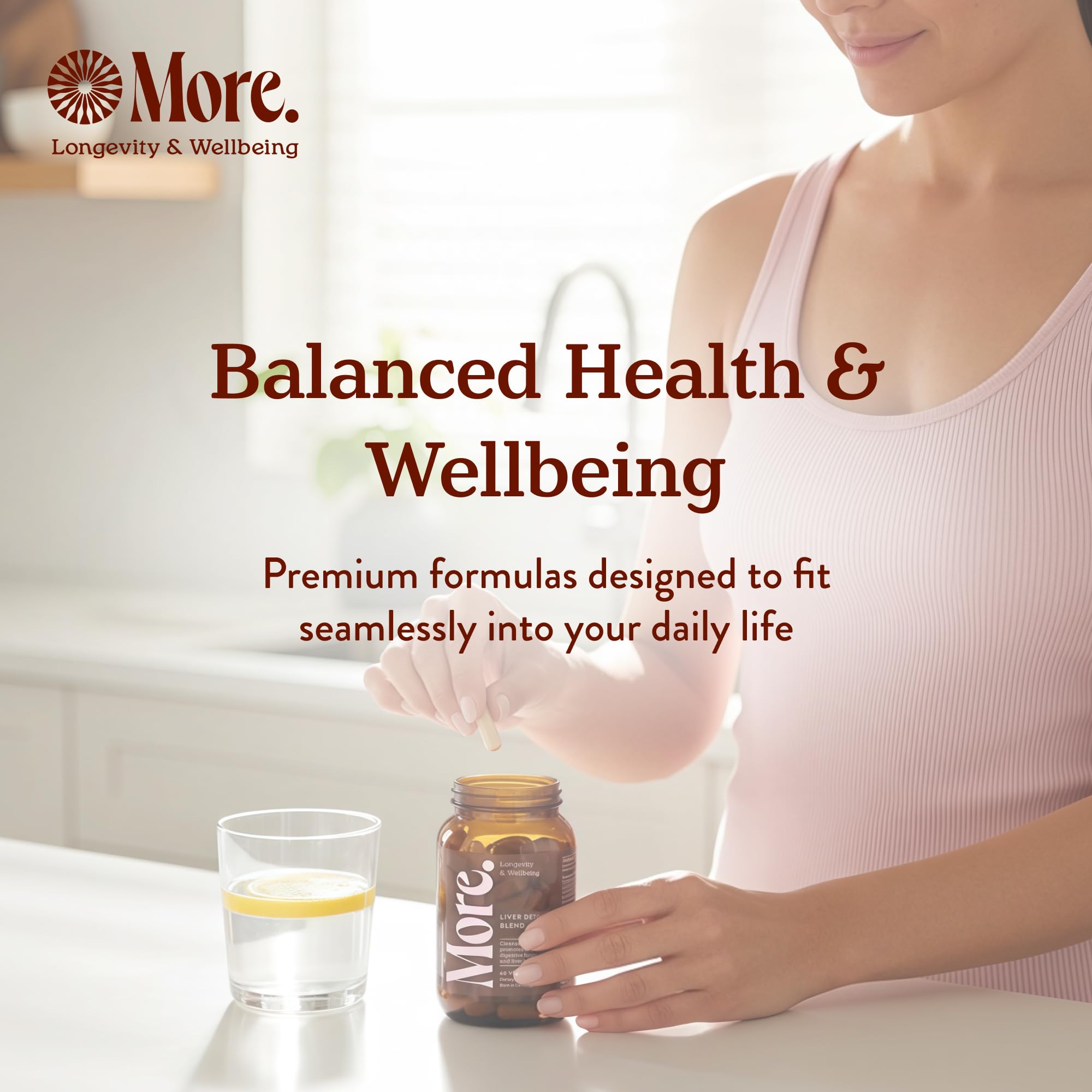 More. Longevity & Wellbeing Liver Cleanse ingredients scene with plant extracts.