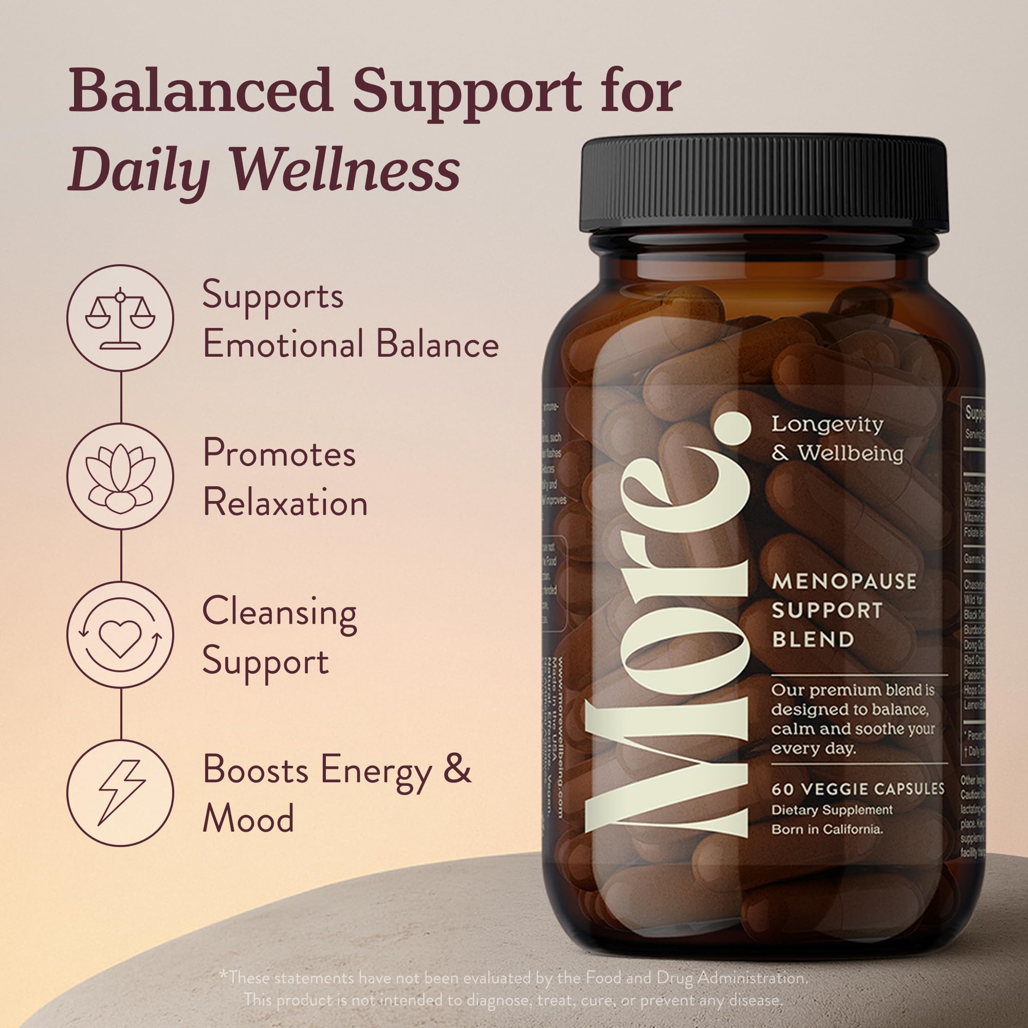 More. Longevity & Wellbeing vegan capsules designed for hormone-free menopause relief.