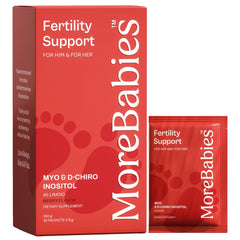 MoreBabies Myo-Inositol–D-Chiro Inositol sachet close-up showing 40:1 ratio for balance