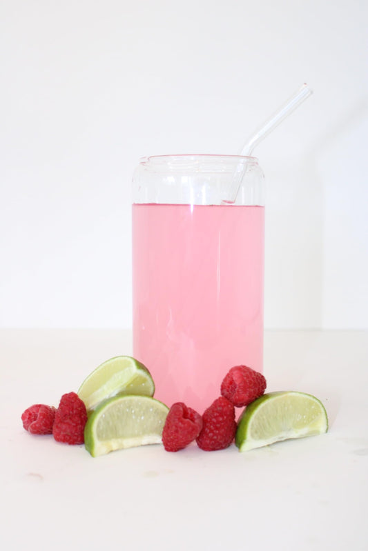 MoreCalm Raspberry Limeade mixed in water for calm focus and routine