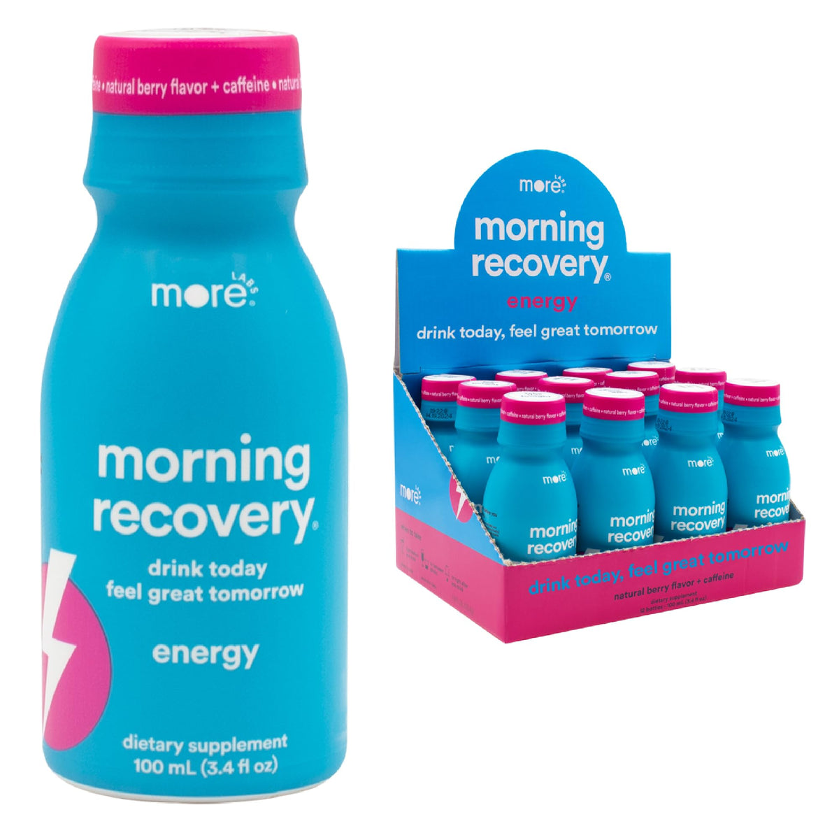 More Labs Morning Recovery bottle front shows branding and berry flavor for hydration.