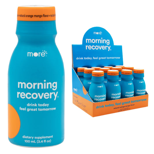 MoreLabs Morning Recovery orange mango bottle, post-drinking hydration in a single serving.