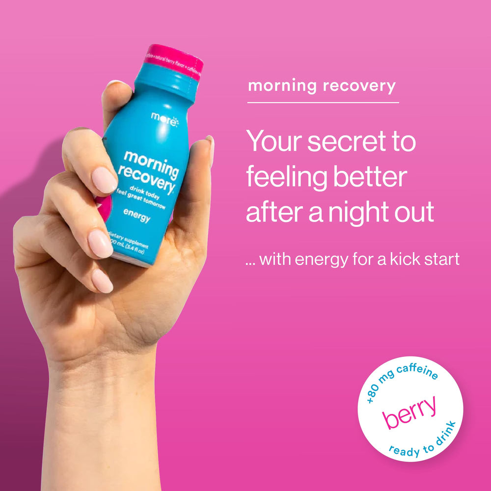 More Labs Morning Recovery bottle pour illustrates quick hydration during gatherings.