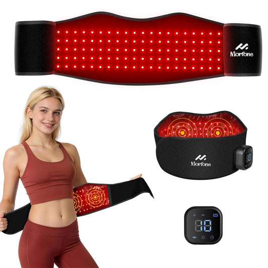Morfone cordless red light therapy belt front view for targeted sessions.