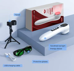 Morfone folding stand enabling hands-free therapy on desk or floor.