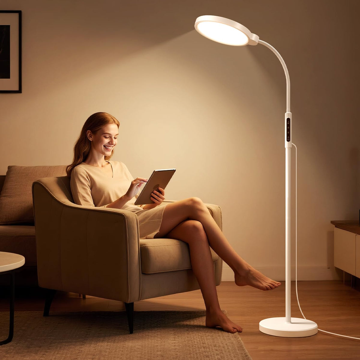 Morfone Happy Light Therapy Lamp in a living room showing ambient daylight boost for mood and focus