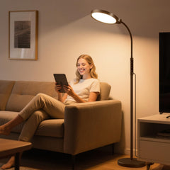 Morfone light-therapy-lamp 11000 lux on a table for focused reading