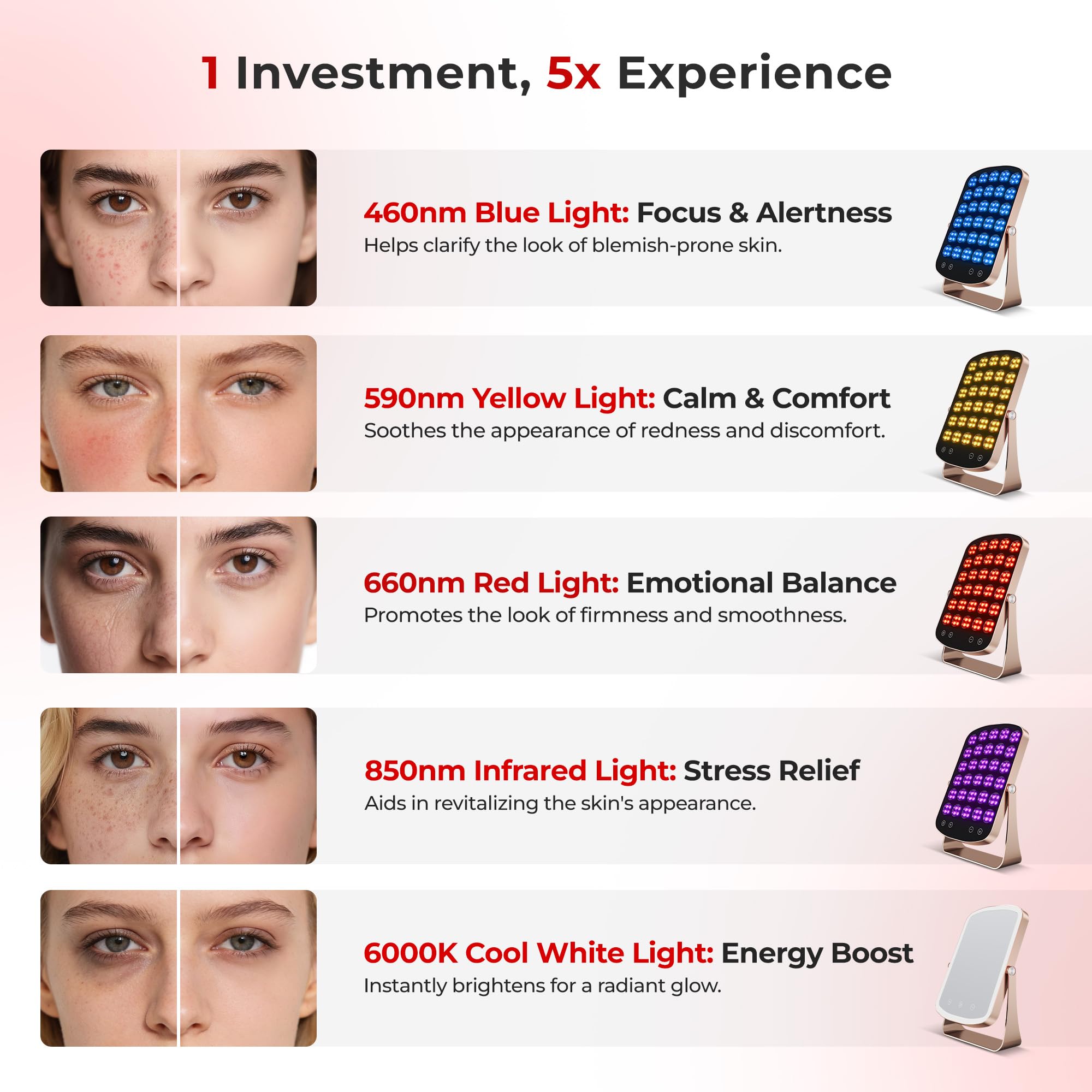Morfone red light panel with makeup mirror side for quick grooming and makeup checks.