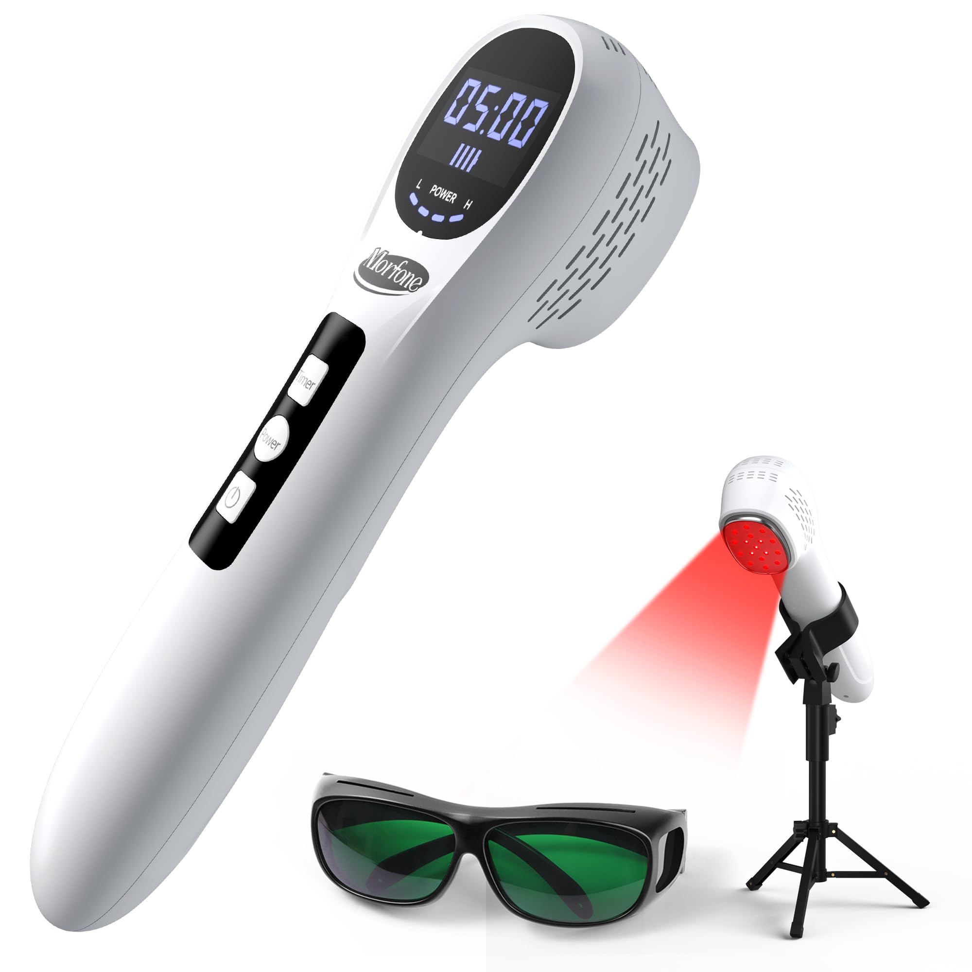 Morfone red light therapy wand with stand for hands-free sessions.