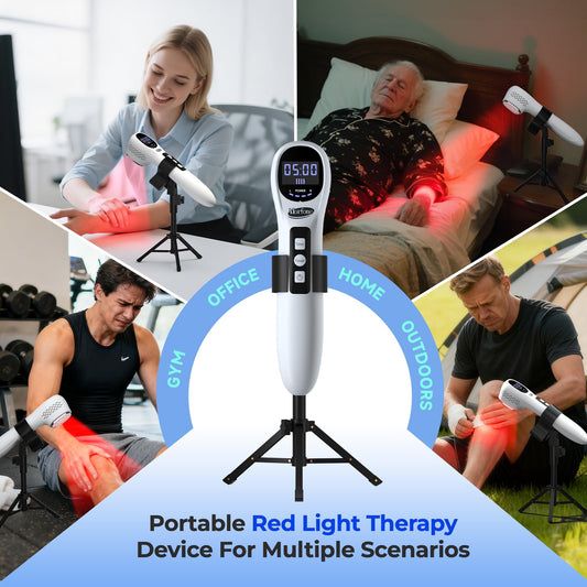 Morfone wireless red light therapy device shown for portable use.