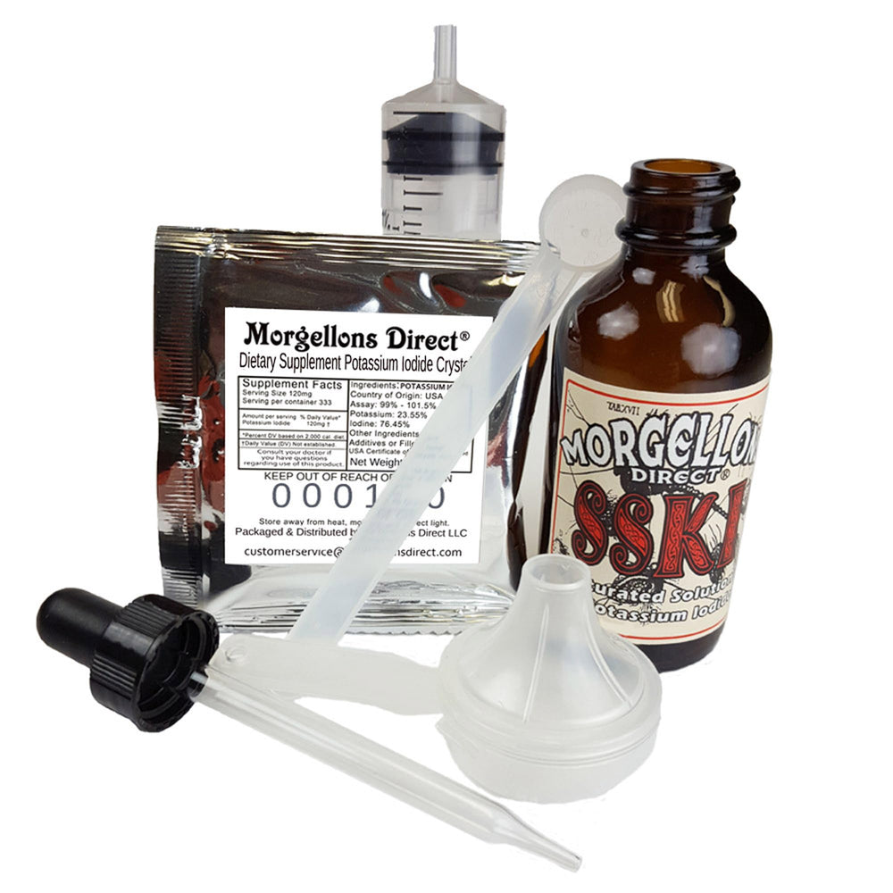 Morgellons Direct SSKI kit contents arranged for precise mixing.