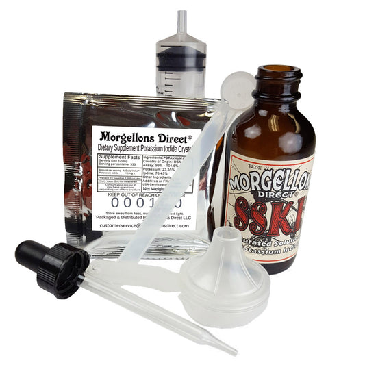 Morgellons Direct SSKI kit contents arranged for precise mixing.