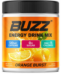 Morning Buzz energy drink powder in orange burst tub for clean, jitter-free energy.