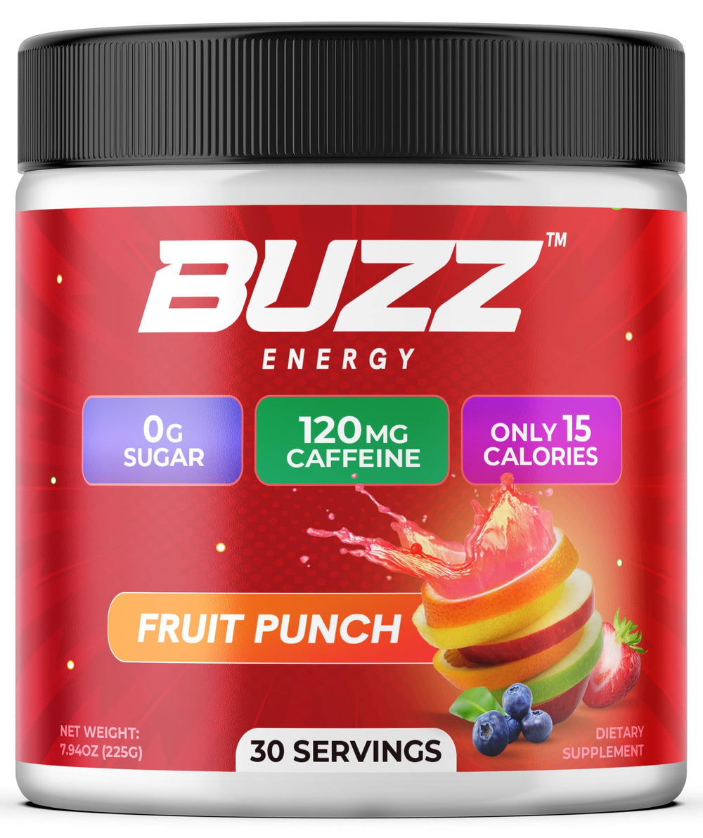 Morning Buzz energy powder front view with fruit punch flavor and sugar-free formula.