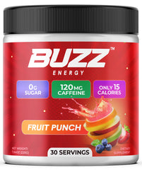 Morning Buzz energy powder front view with fruit punch flavor and sugar-free formula.