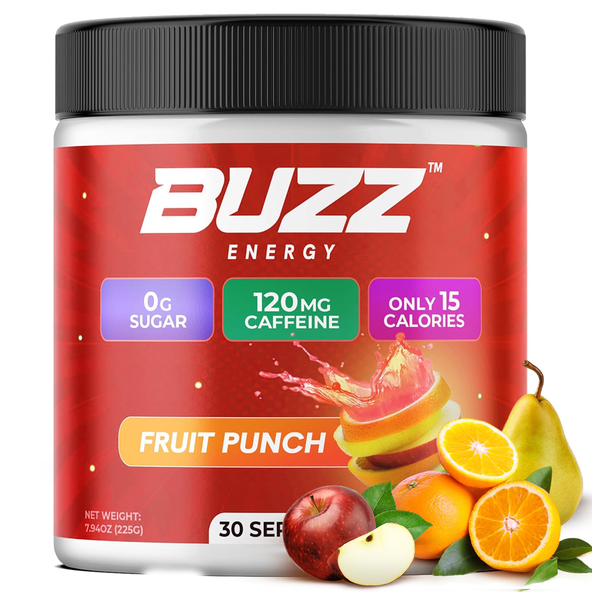 Morning Buzz glass with dissolved fruit punch illustrating refreshing energy drink.