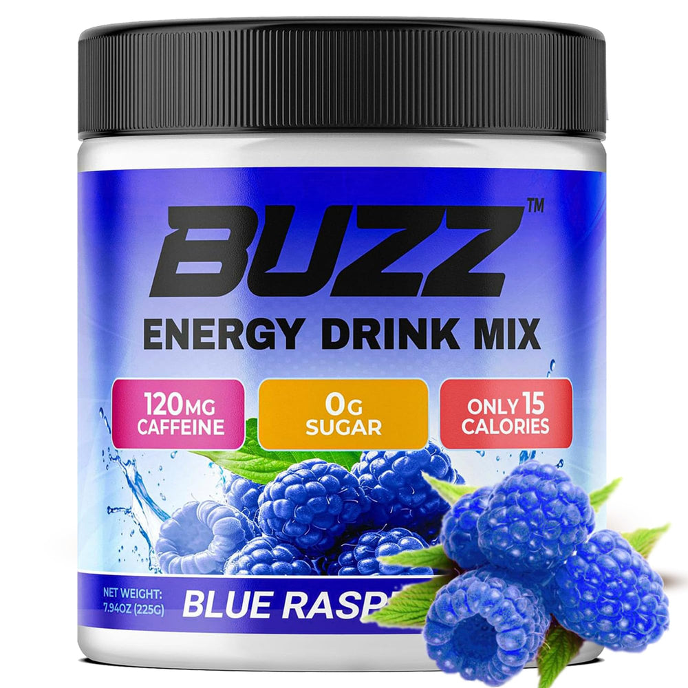 Morning Buzz glass with scoop demonstrates convenient pre-workout energy