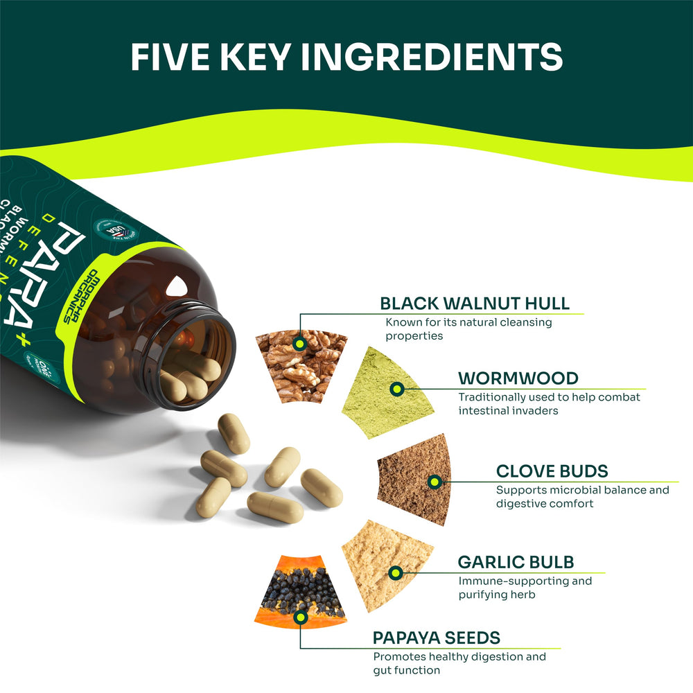 Morpha Organics Para Defense Black Walnut capsules close-up for gut balance.